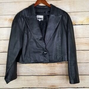 Vtg Pelle Cuir Leather Jacket Womens L Black Cropped 1 Button 80s Streetwear 90s